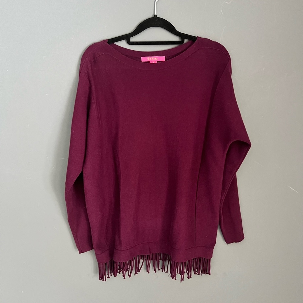 Lilly Pulitzer Glenda Sweater Women’s Size S Cabernet Berry, Fringe Hem
